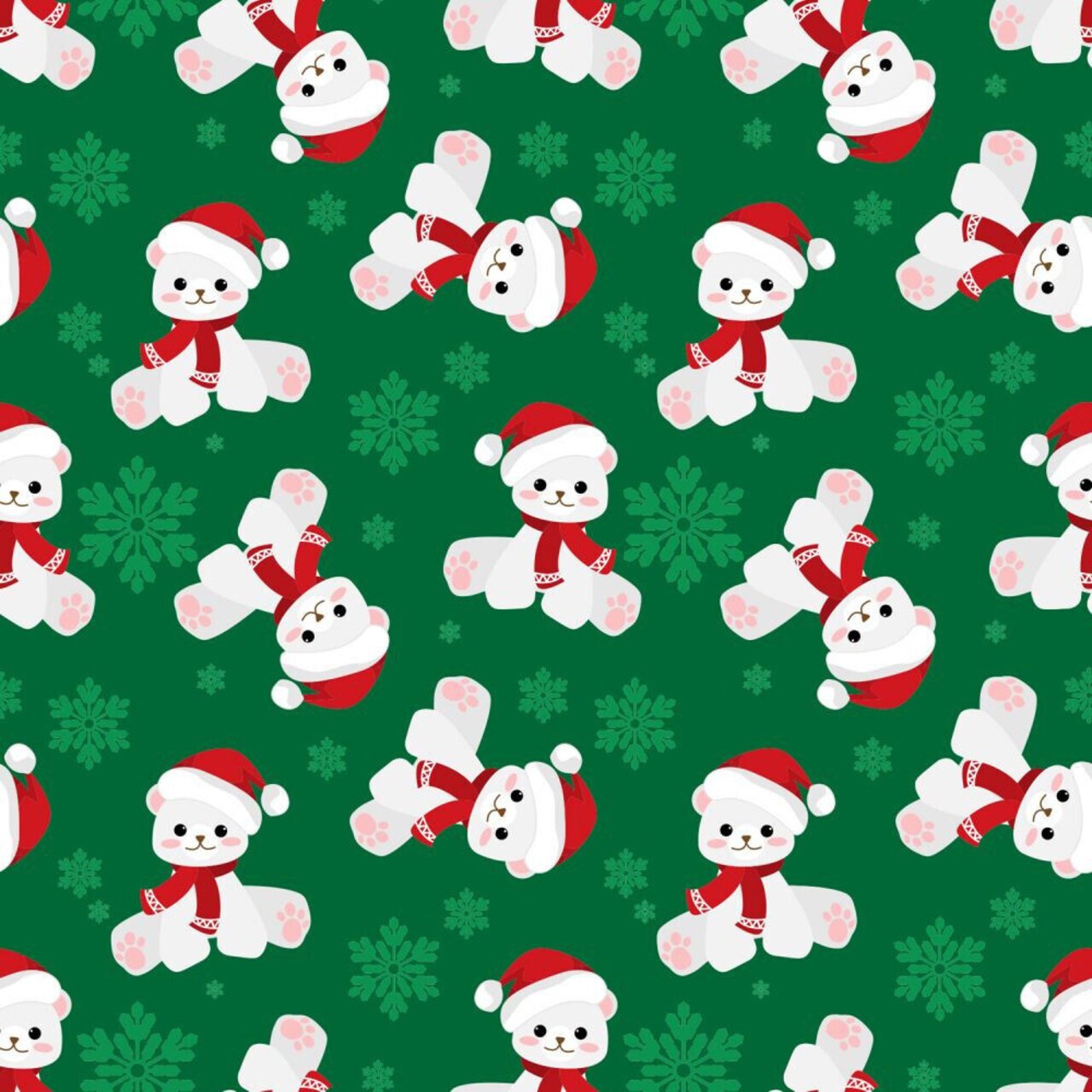Christmas Teddy Bears and Snowflakes on Green 100% Cotton Fabric